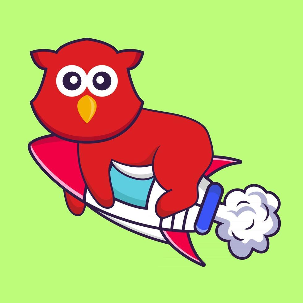 Cute bird flying on rocket. vector