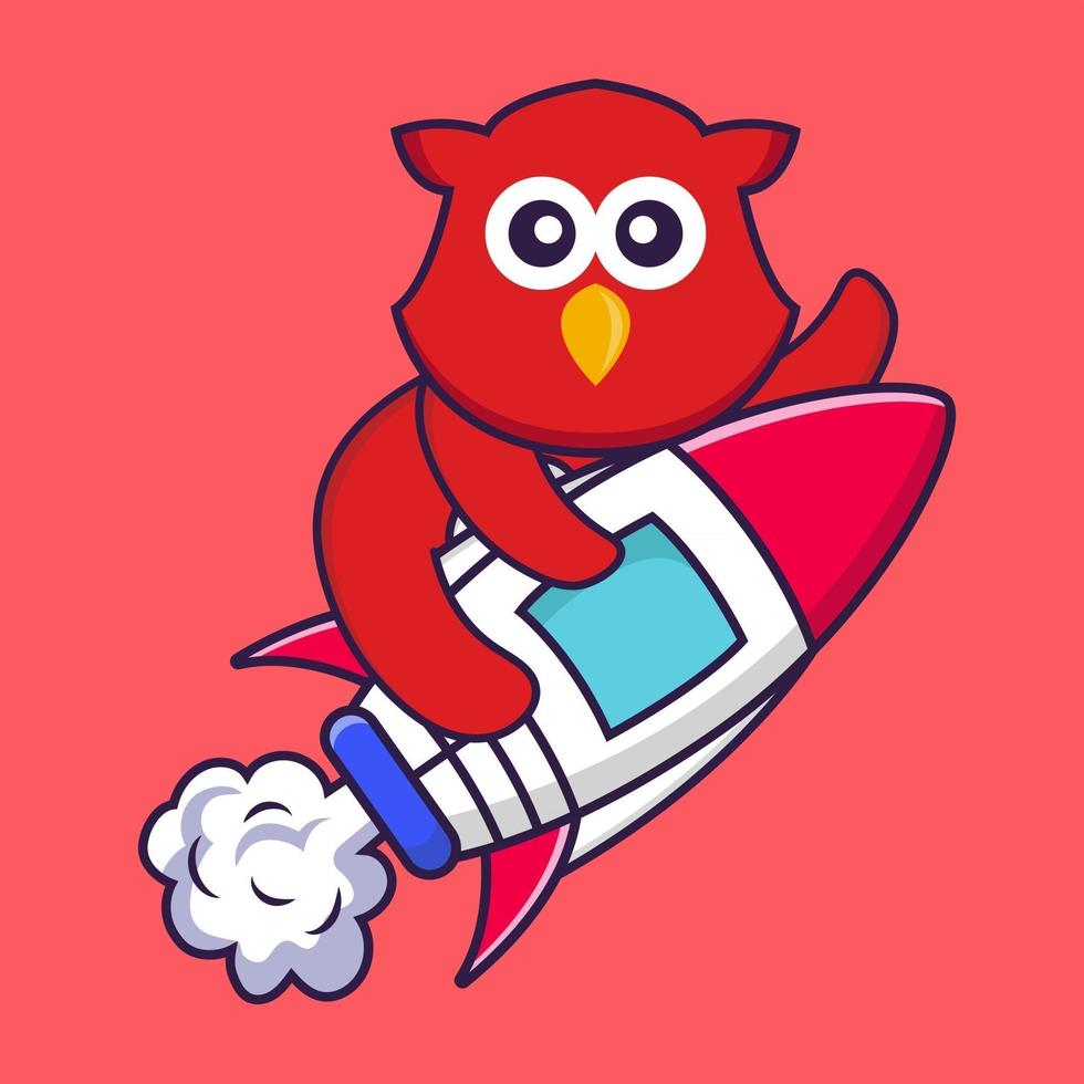 Cute bird flying on rocket. vector