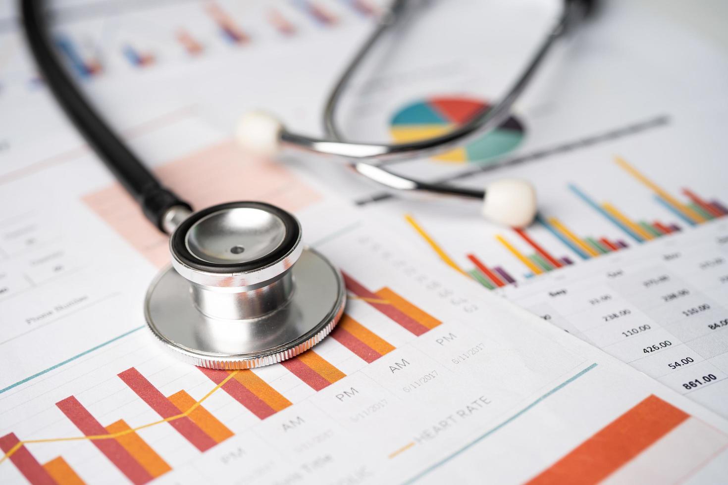 Stethoscope on chart graph paper, finance, account, statistic, analytic economy Business concept. photo