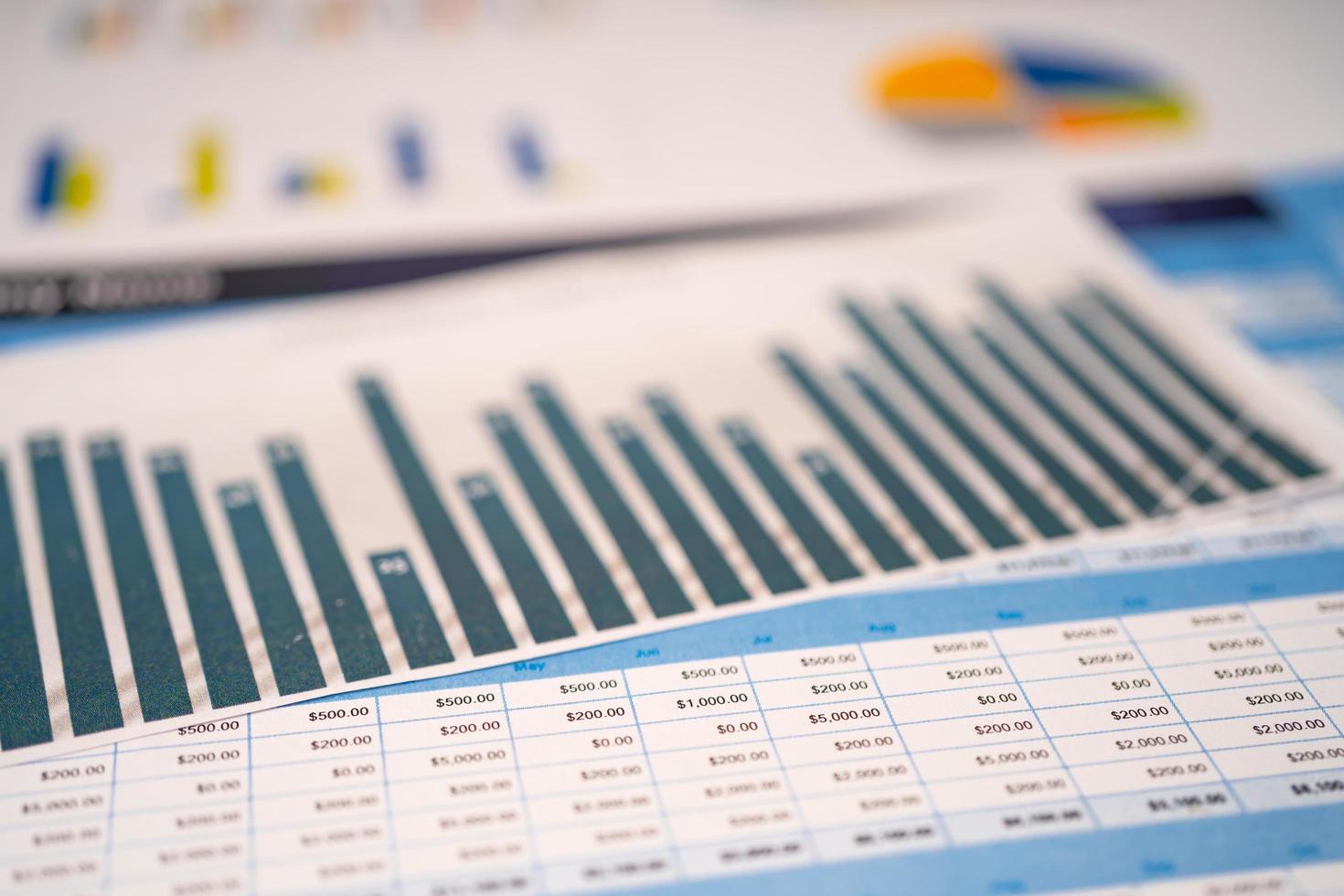 cuadros gráficos papel de hoja de cálculo. desarrollo financiero, cuenta bancaria, estadísticas, economía de datos de investigación analítica de inversión, concepto de reunión de empresa de oficina de negocios de bolsa de valores. foto