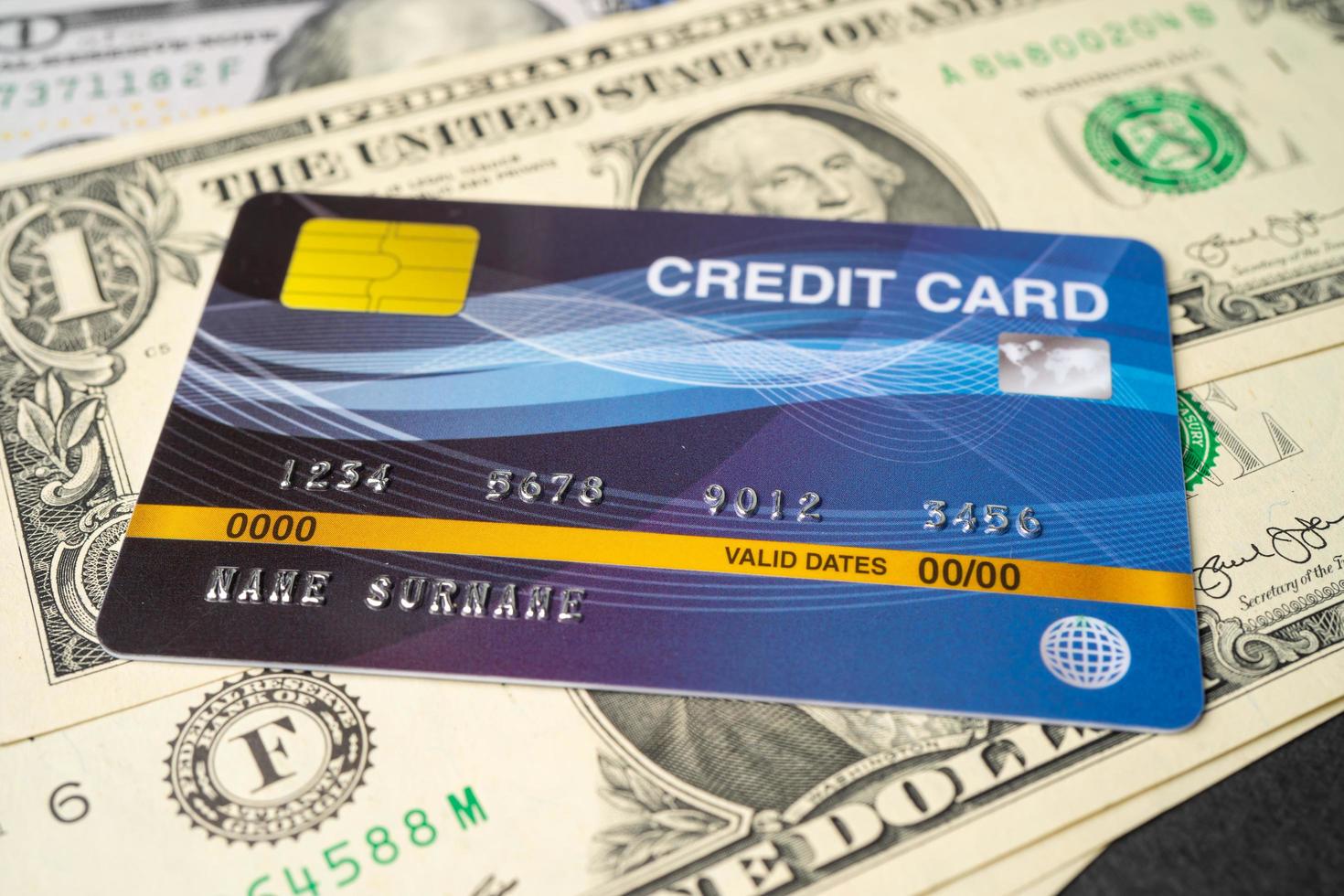 Credit card model on US dollar banknotes, Finance development, Banking Account, Statistics, Investment Analytic research data economy, Stock exchange trading, Business company concept. photo