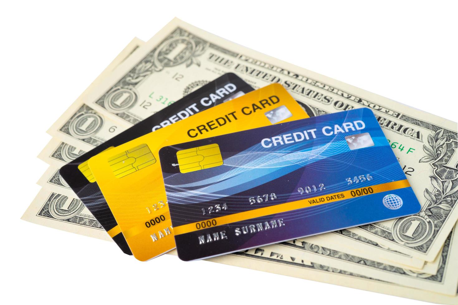 Credit card on US dollar banknotes on white background. Finance development, Banking Account, Statistics, Investment Analytic research data economy, Stock exchange trading, Business company concept. photo