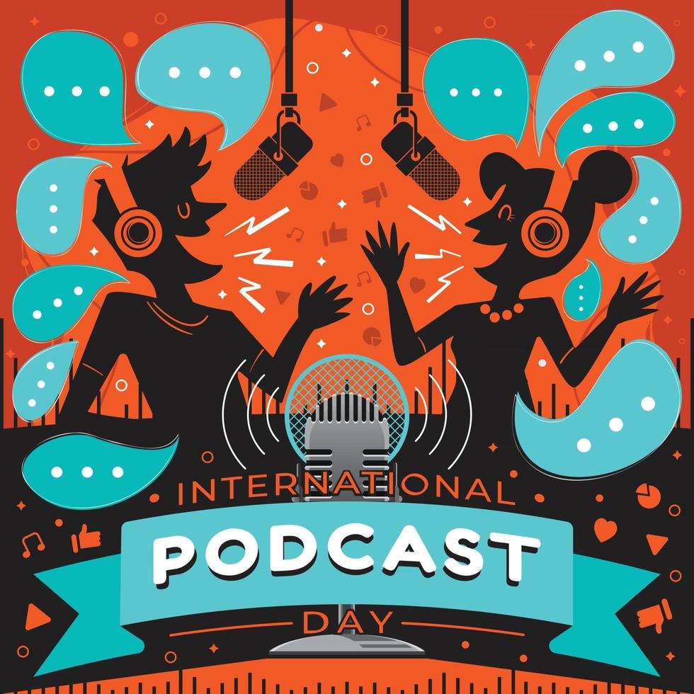 concepto del día internacional del podcast con entrevista de silueta de dibujos animados vector