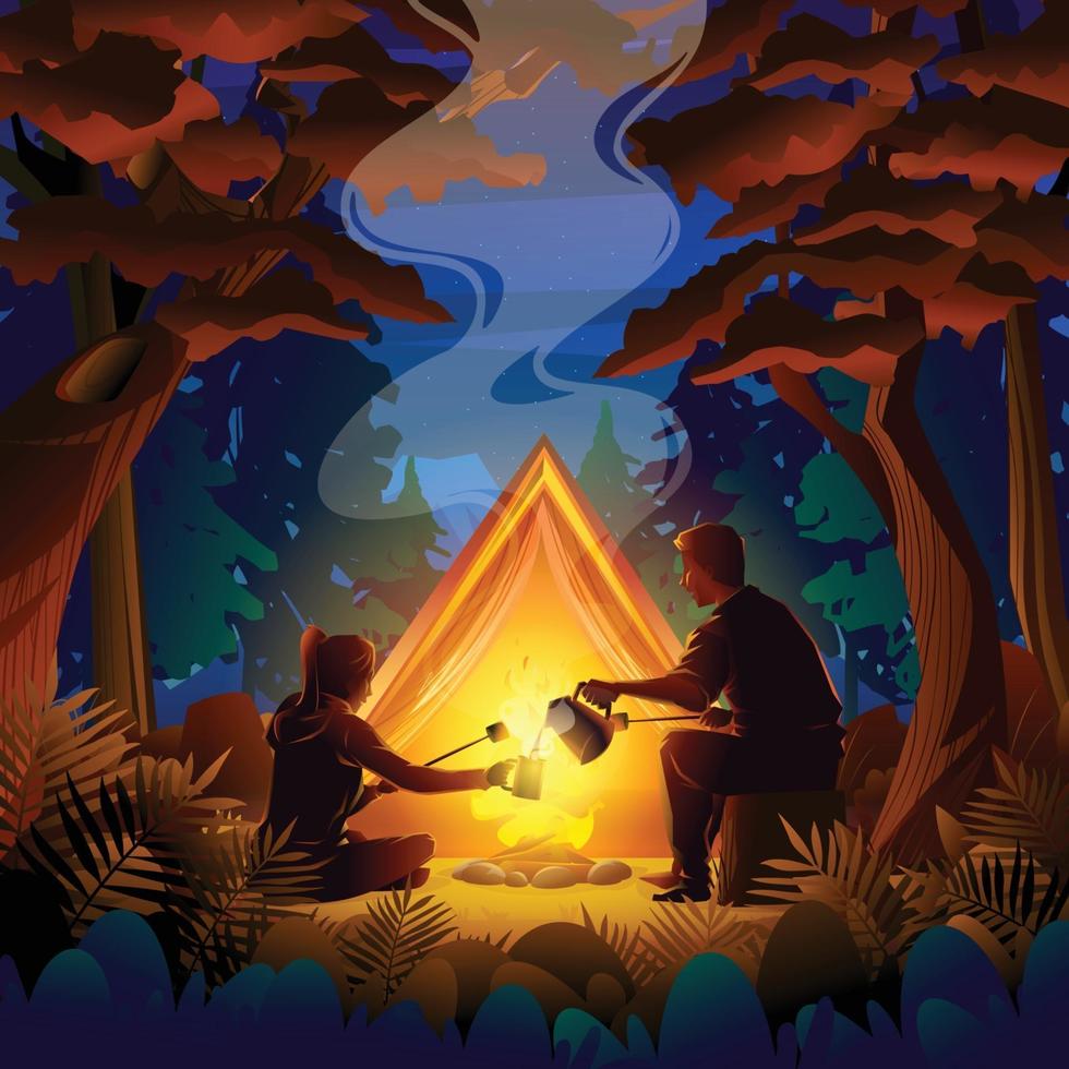 Night Autumn Camping Concept vector