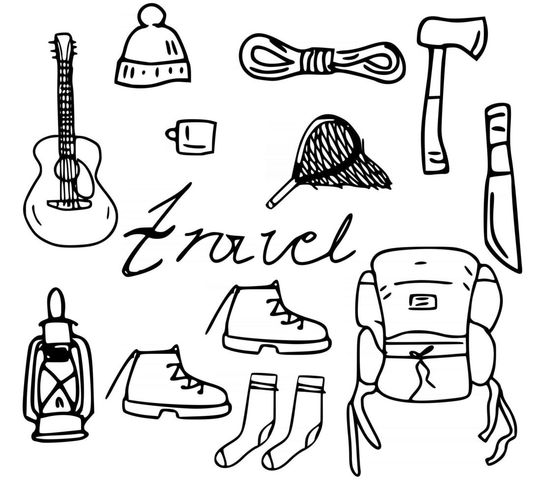 a large black and white set of icons on the theme of hiking vector