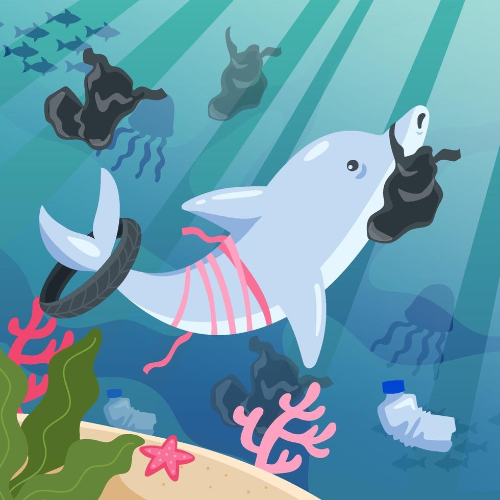 Dolphin Swimming with Plastic vector