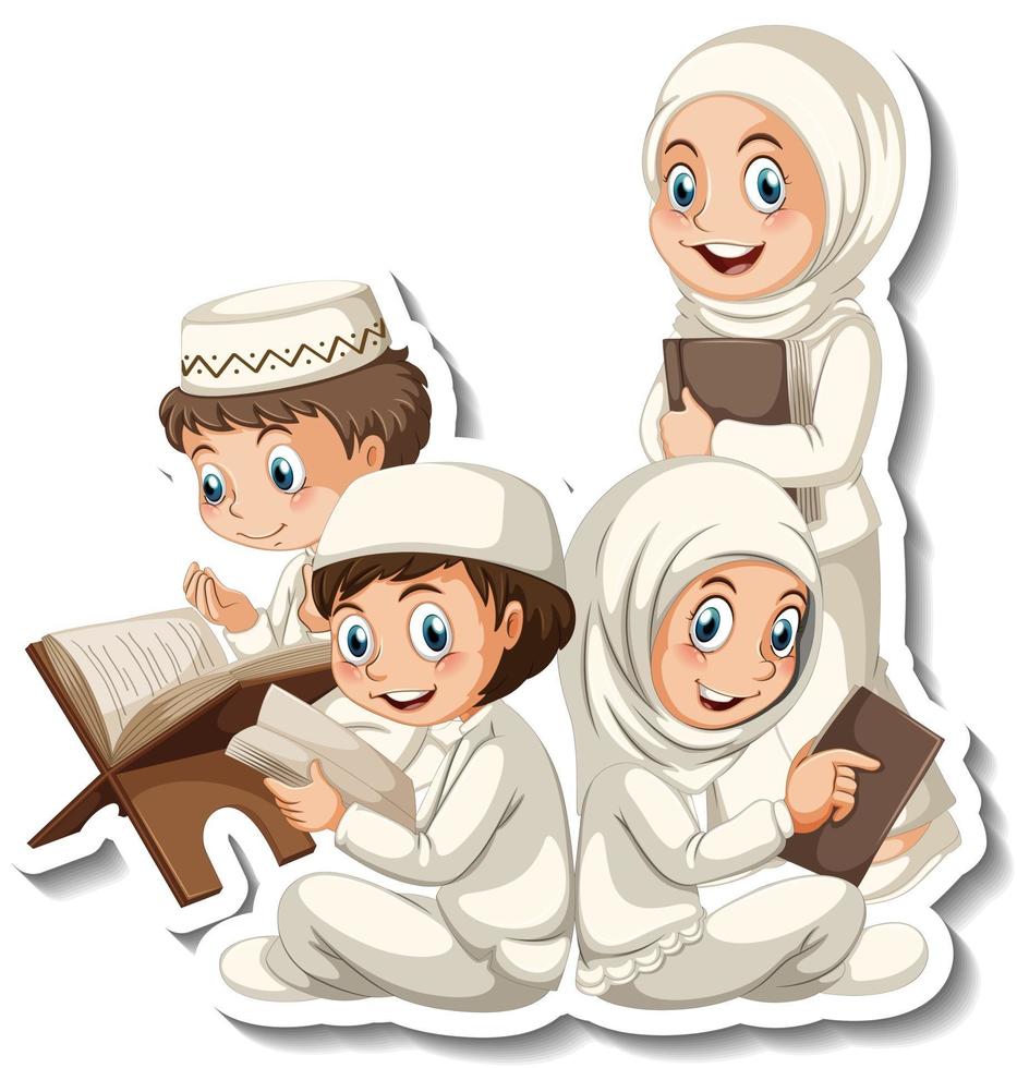 Sticker template with Muslim family cartoon character vector