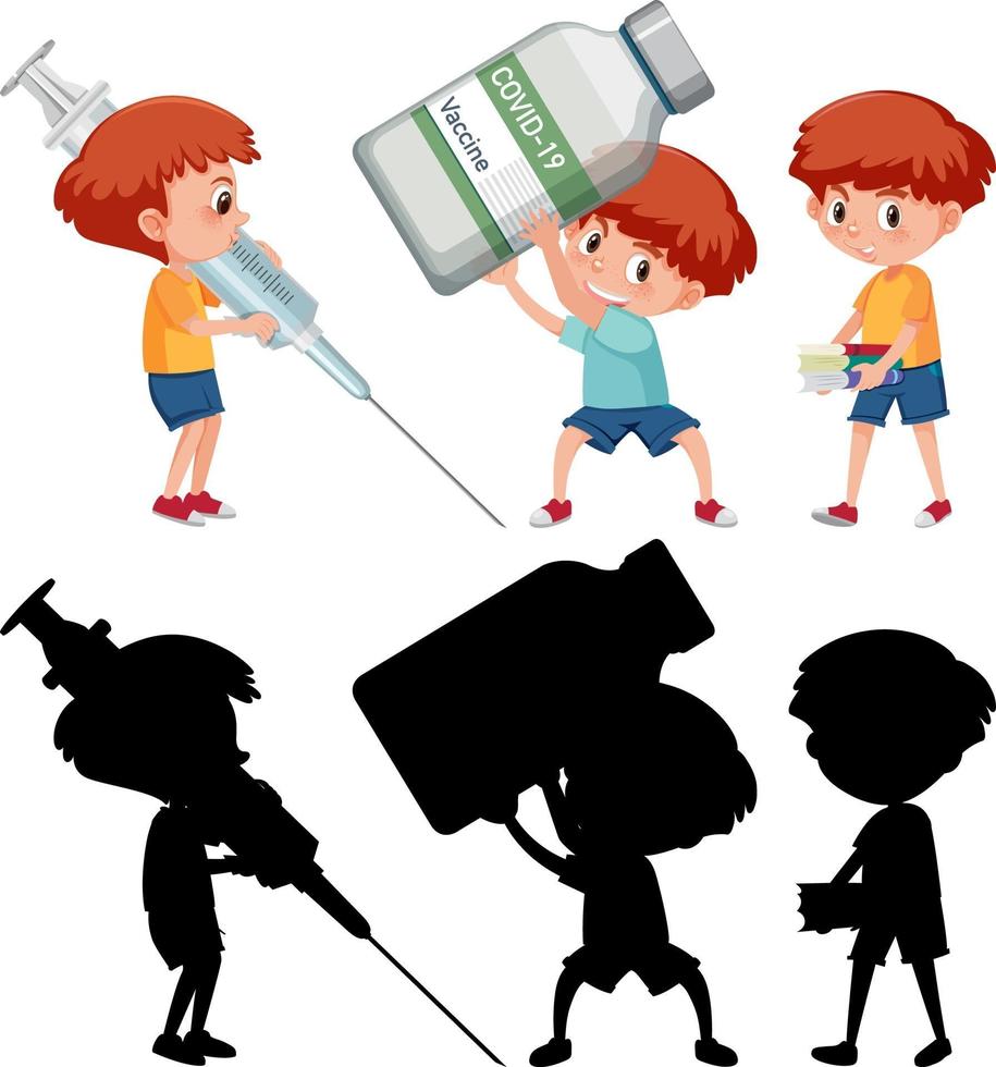 Set of a boy holding different objects vaccine concept vector