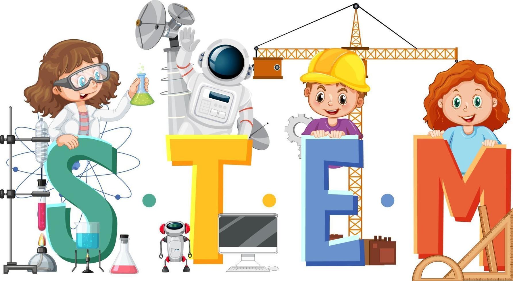 STEM education logo with children cartoon character vector