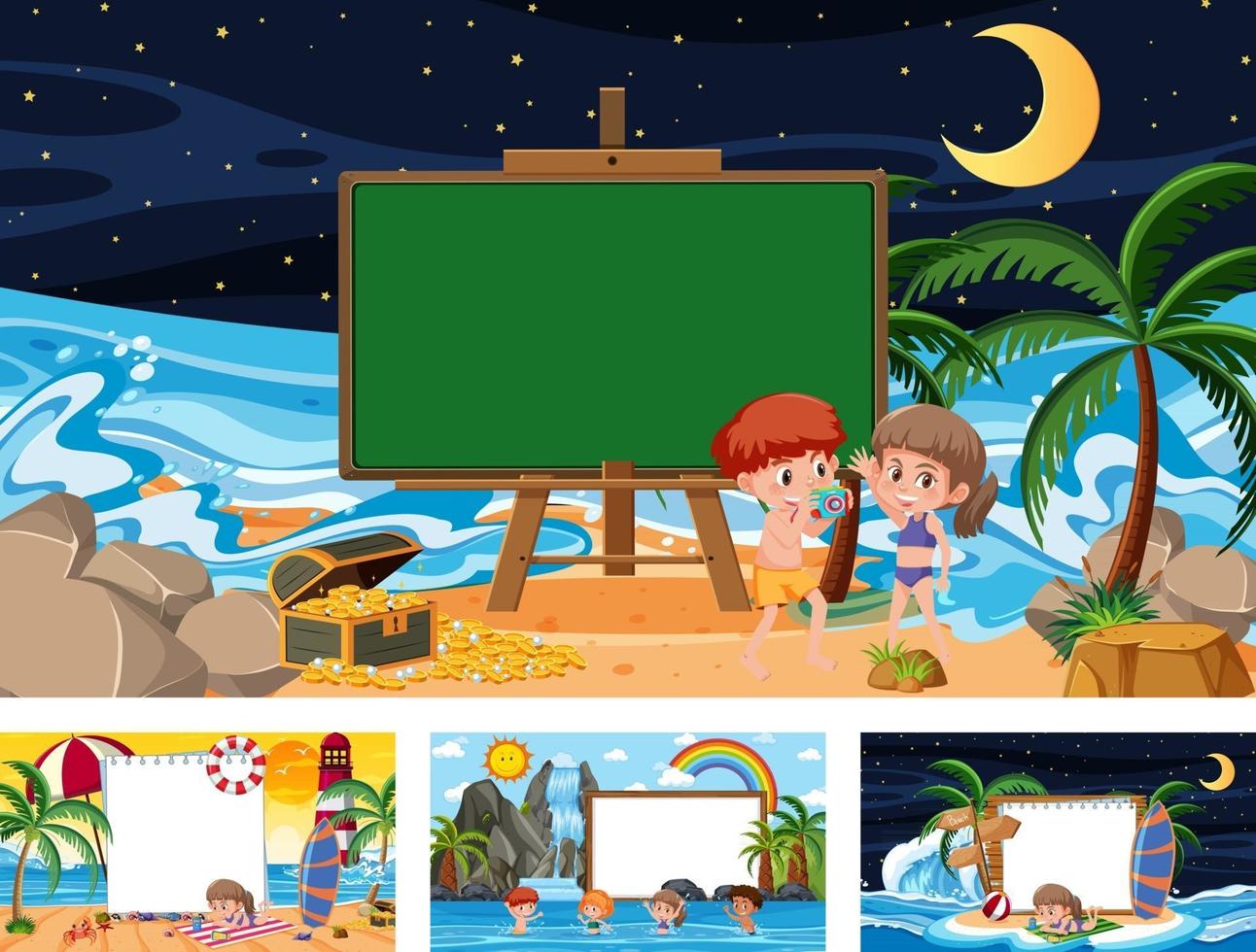 Set of blank banner in different tropical beach scenes vector