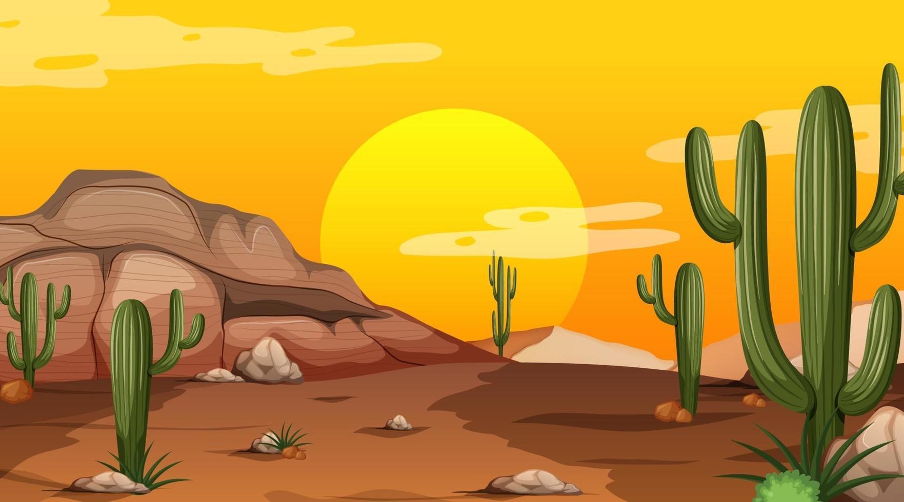 Desert forest landscape at sunset time scene with many cactuses vector