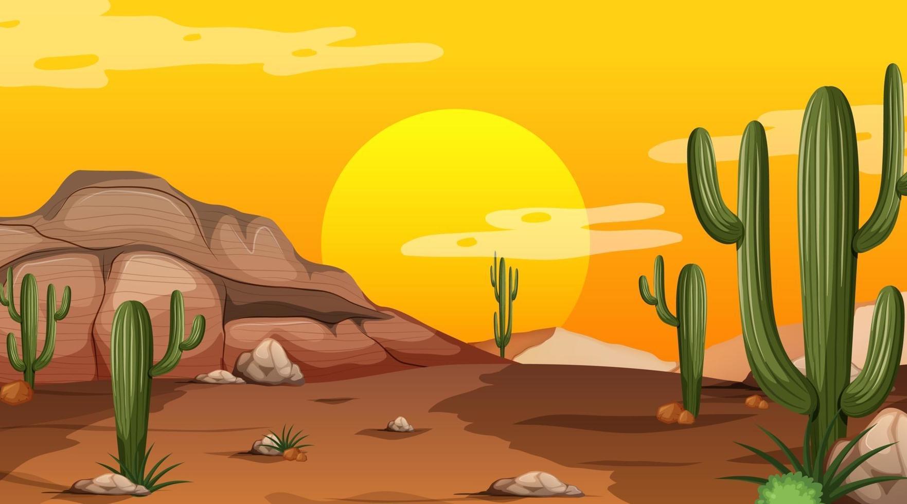 paisaje de bosque desértico en la escena del atardecer con muchos cactus vector