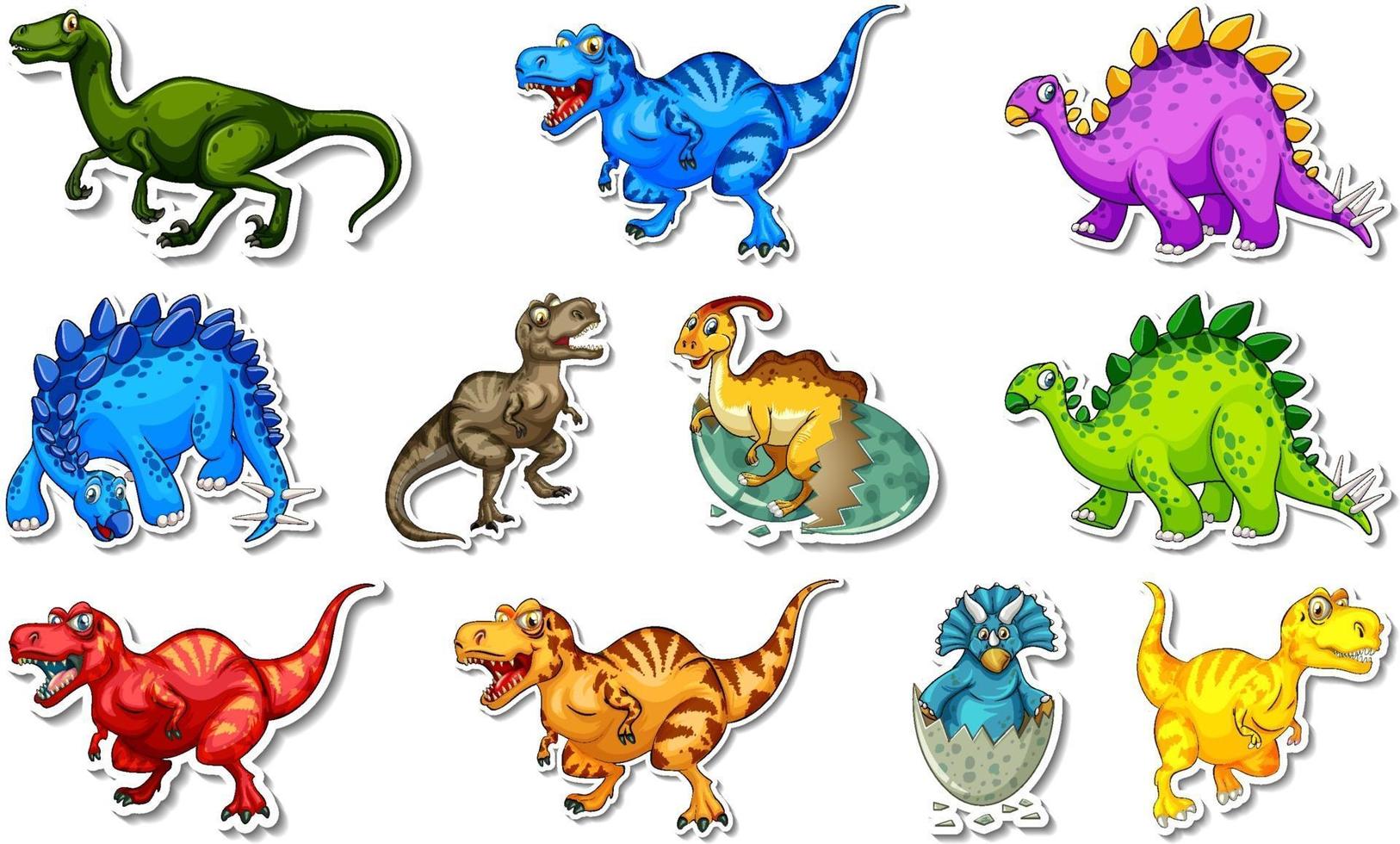 Sticker set with different types of dinosaurs cartoon characters vector