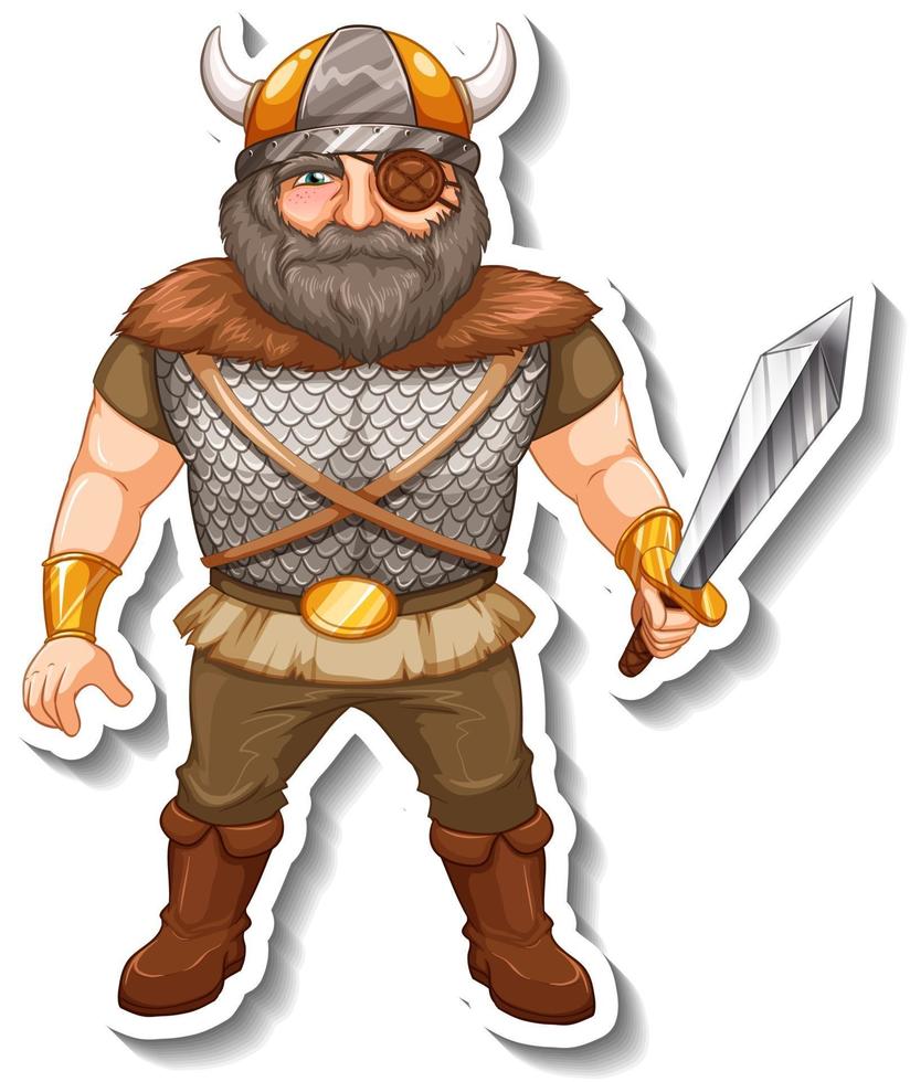 Sticker template with Viking warrior cartoon character isolated vector