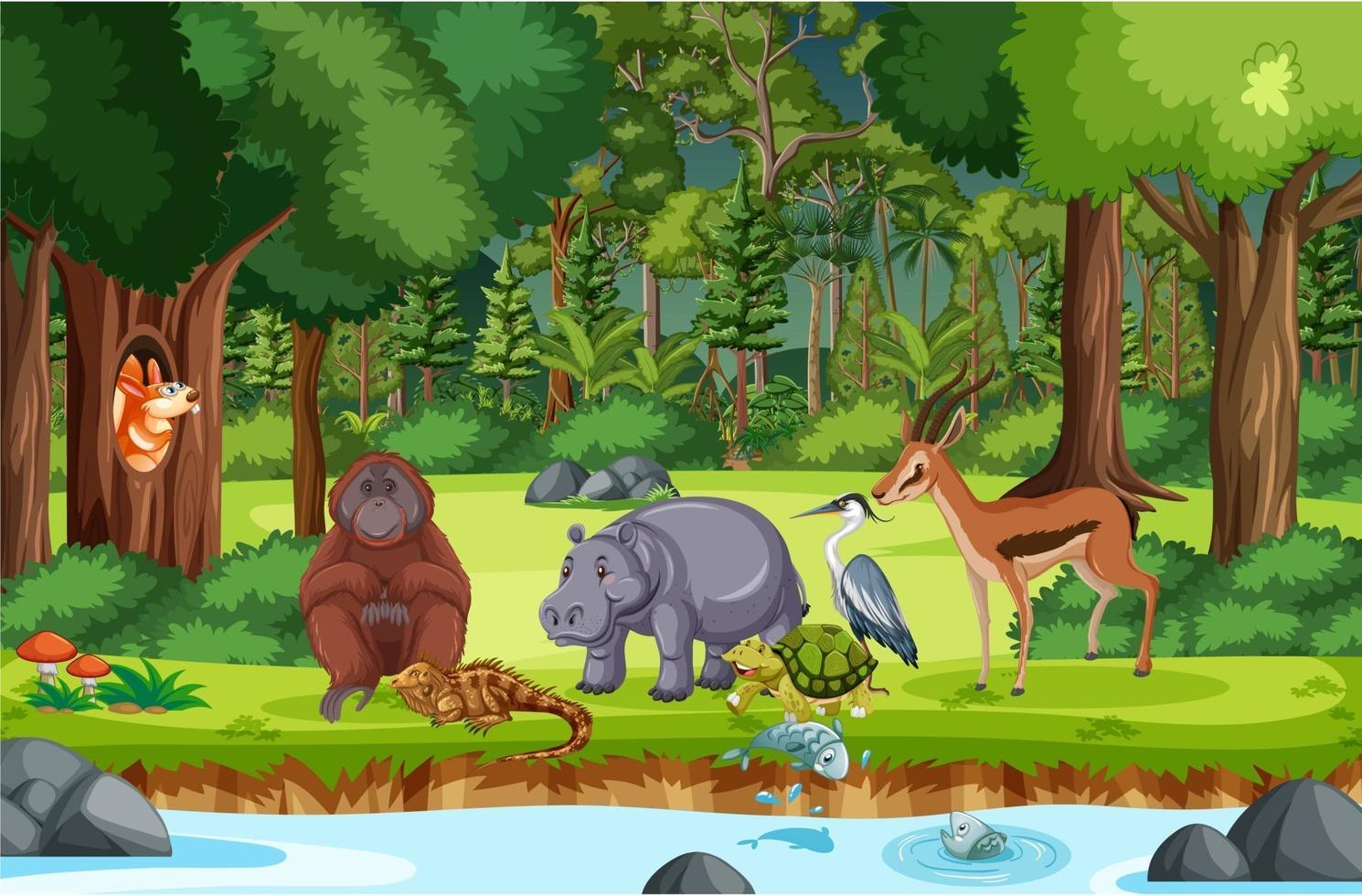 Wild animals with stream flowing through the forest scene vector