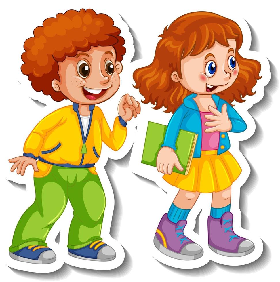 Sticker template with a couple kids cartoon character isolated vector