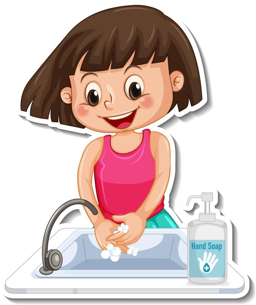 A sticker template with a girl washing hands with soap vector