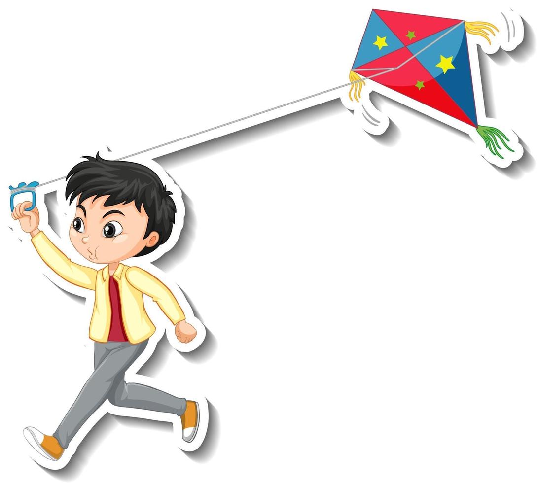 Sticker a boy playing kite cartoon character vector