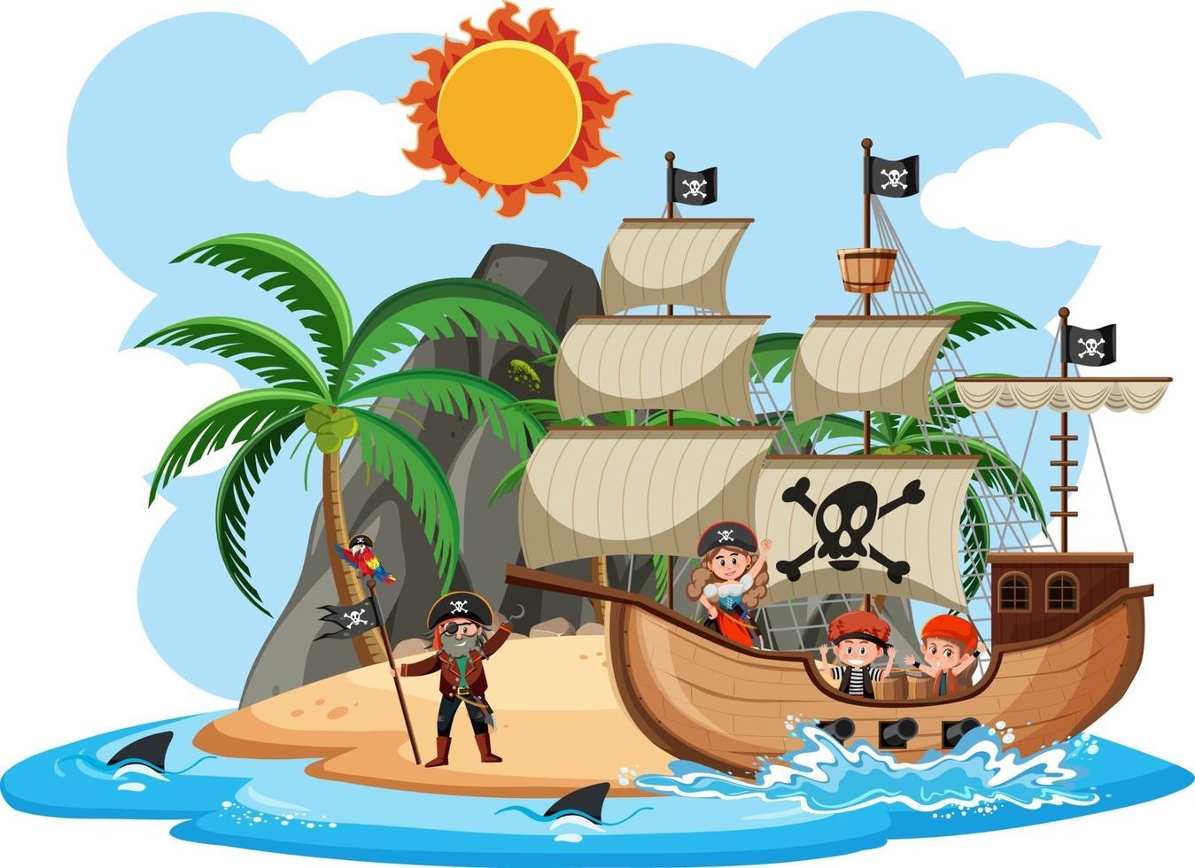 Barco pirata en la isla con muchos niños aislado sobre fondo blanco. vector