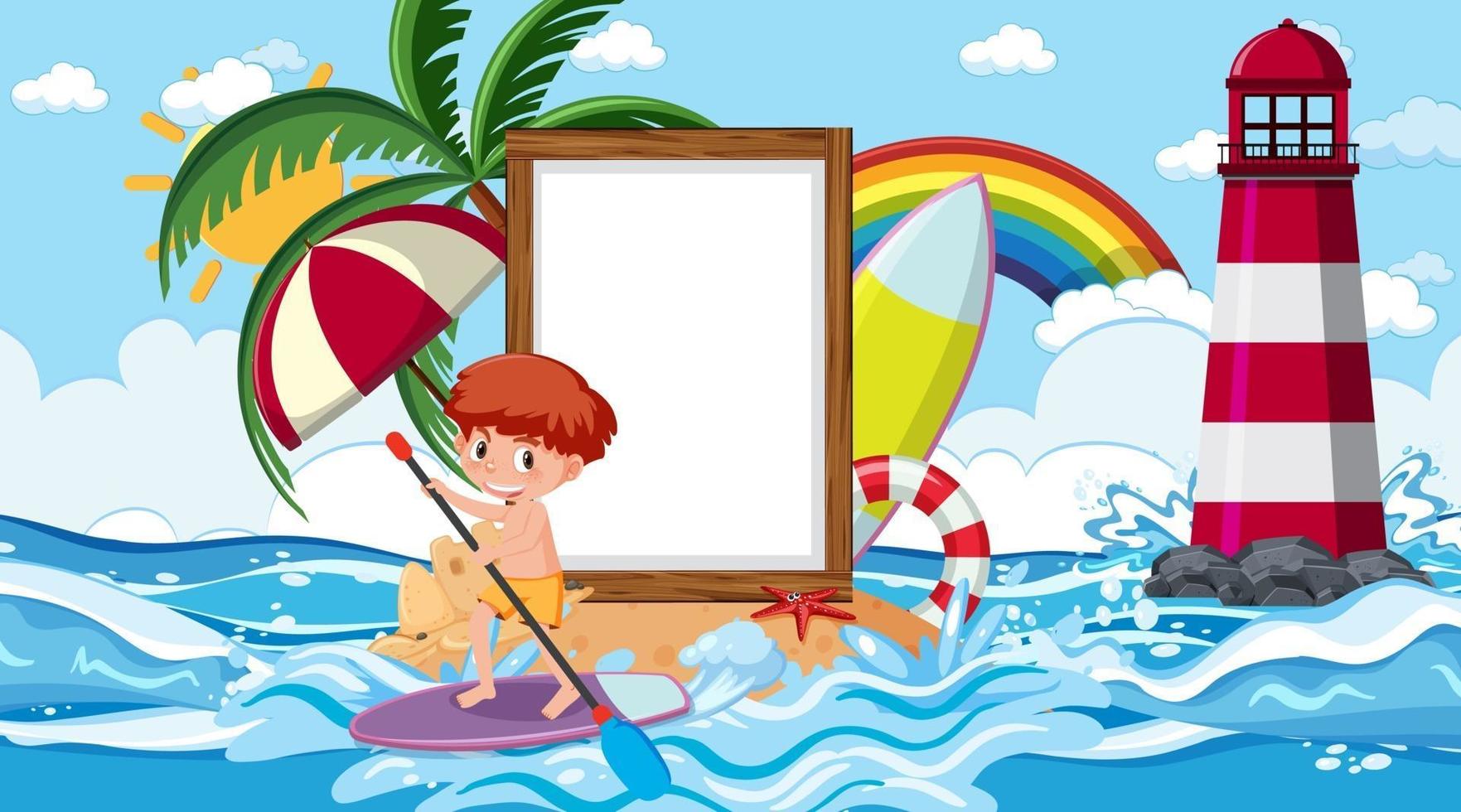 Plantilla de banner vacío con niños de vacaciones en la escena diurna de la playa vector