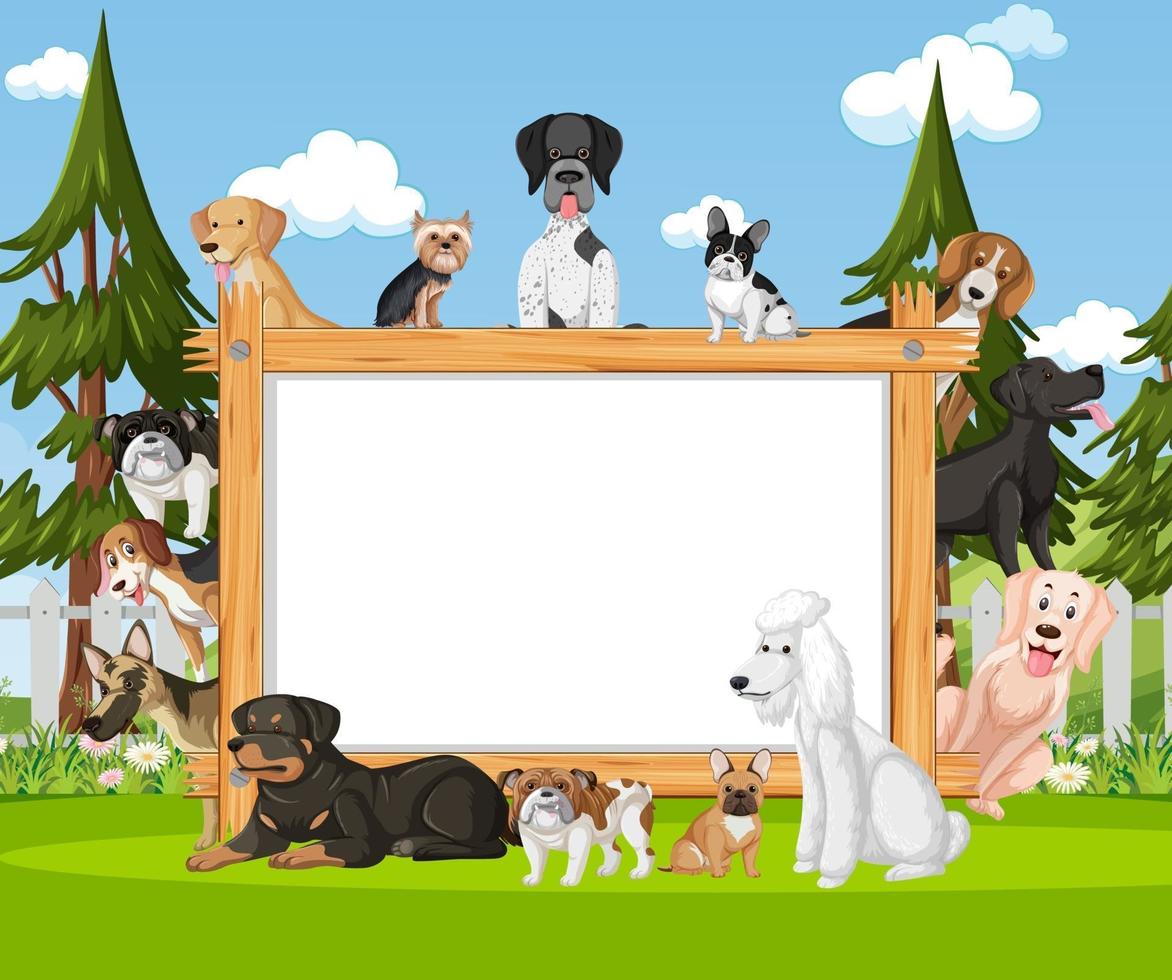 Empty wooden frame with various breeds of dogs in the park vector