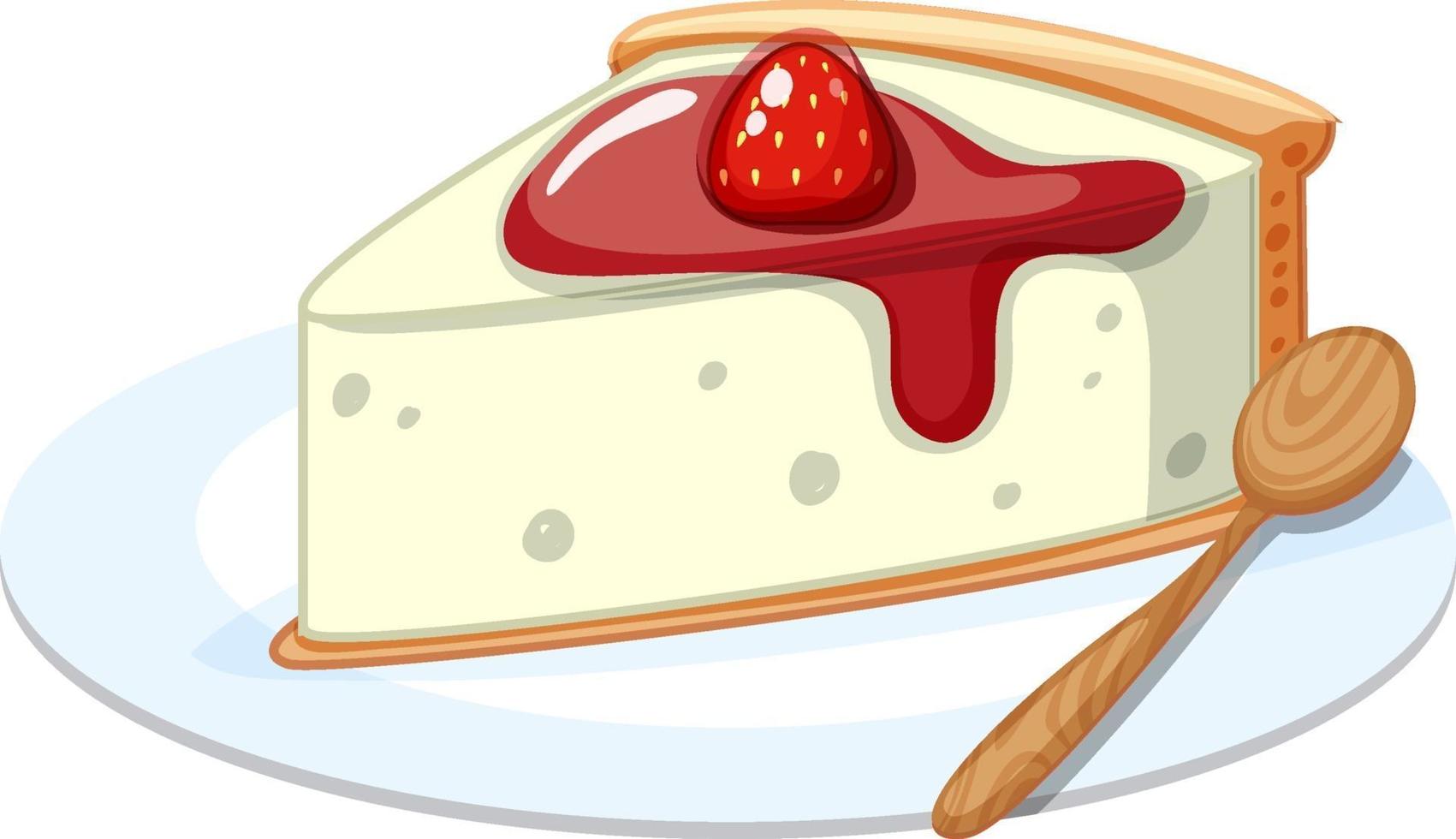 Un trozo de tarta de queso de fresa en un plato con una cuchara aislada vector