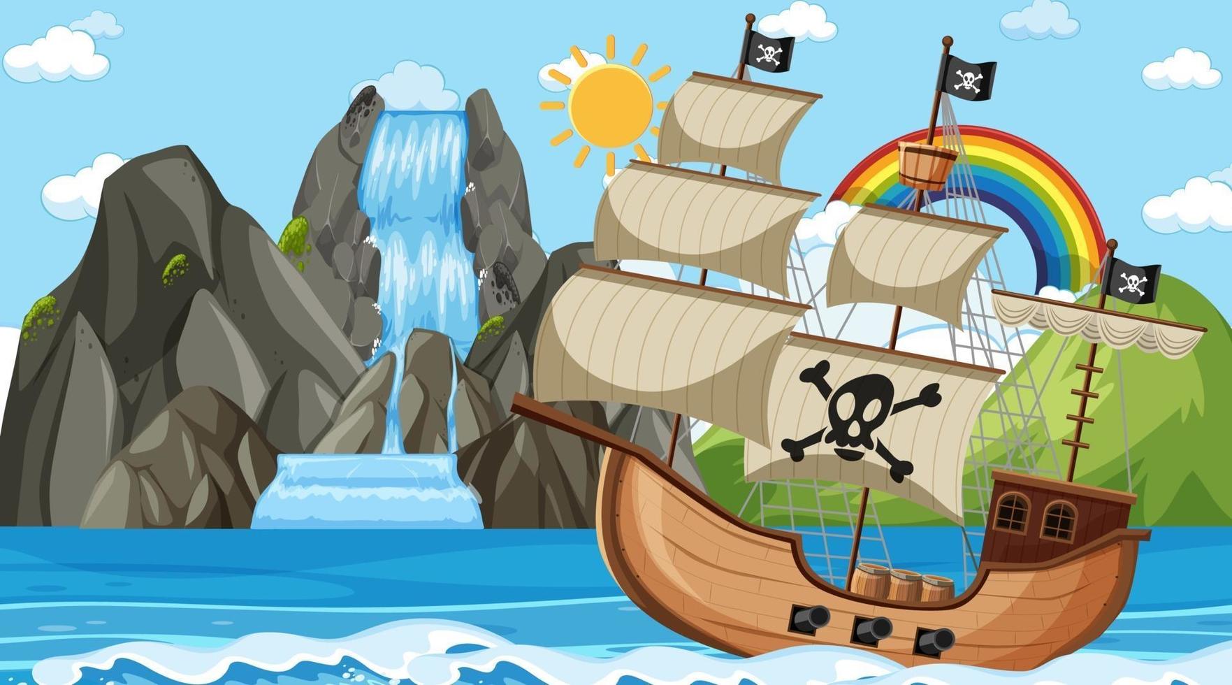 Ocean with Pirate ship at day time scene in cartoon style vector