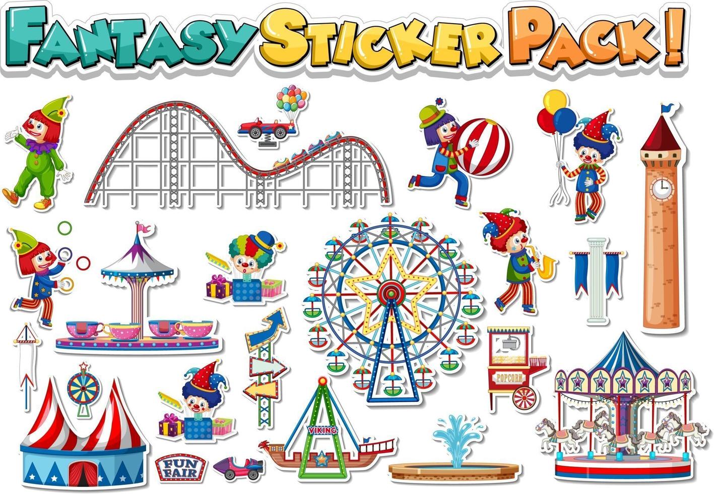 Sticker set with amusement park and funfair objects vector