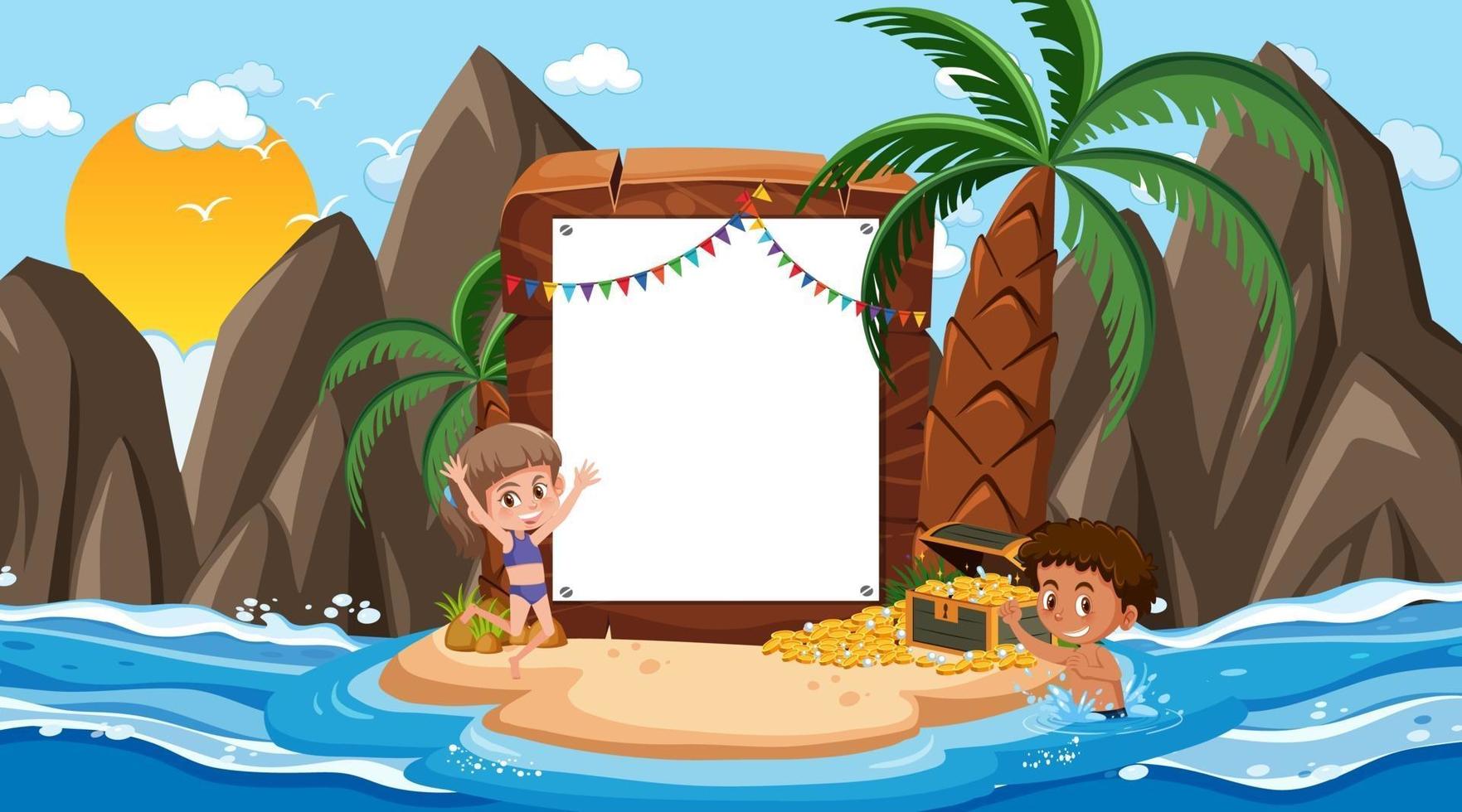 Empty banner template with kids on vacation at the beach daytime scene vector