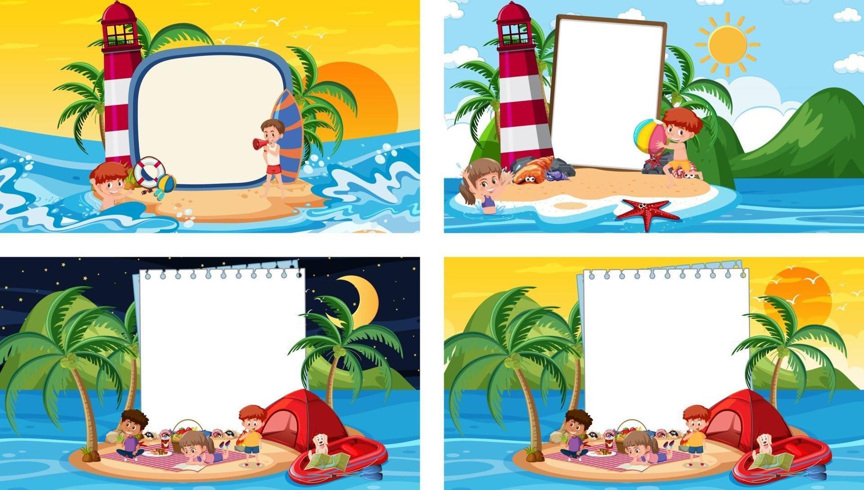 conjunto de diferentes escenas de playa tropical con banner en blanco vector