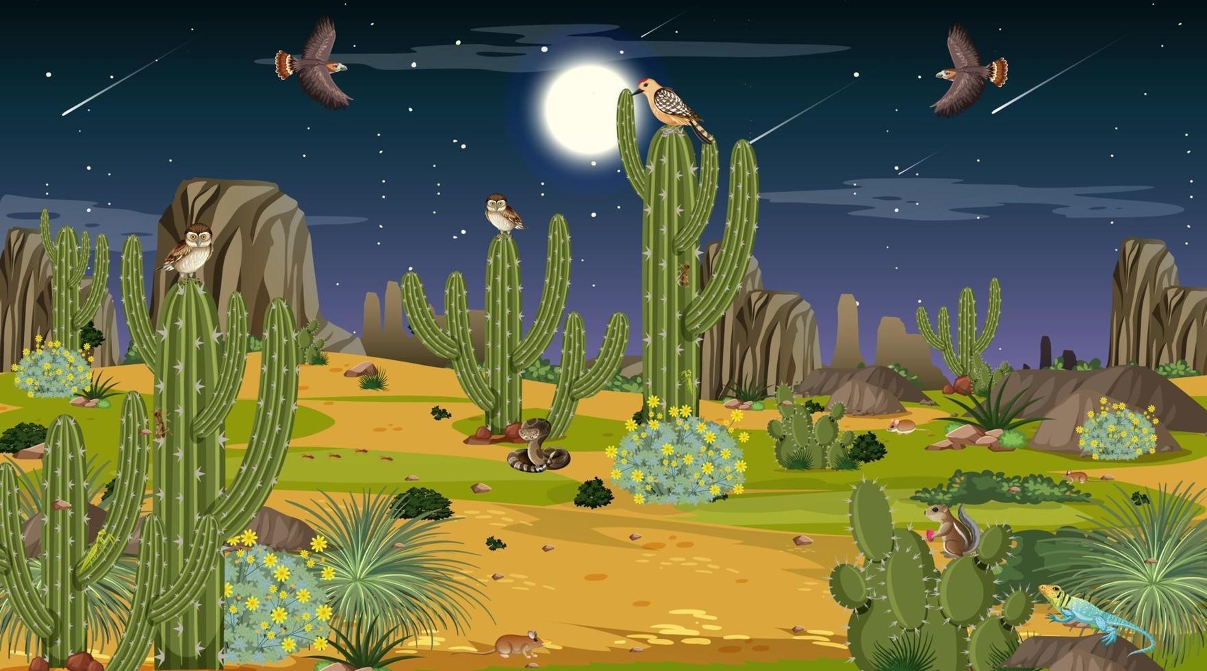 Desert forest landscape at night scene with desert animals and plants vector