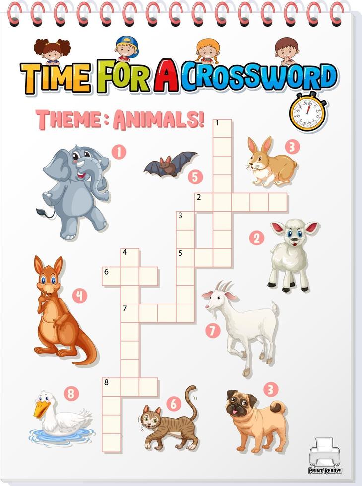 Crossword puzzle game template about animals vector