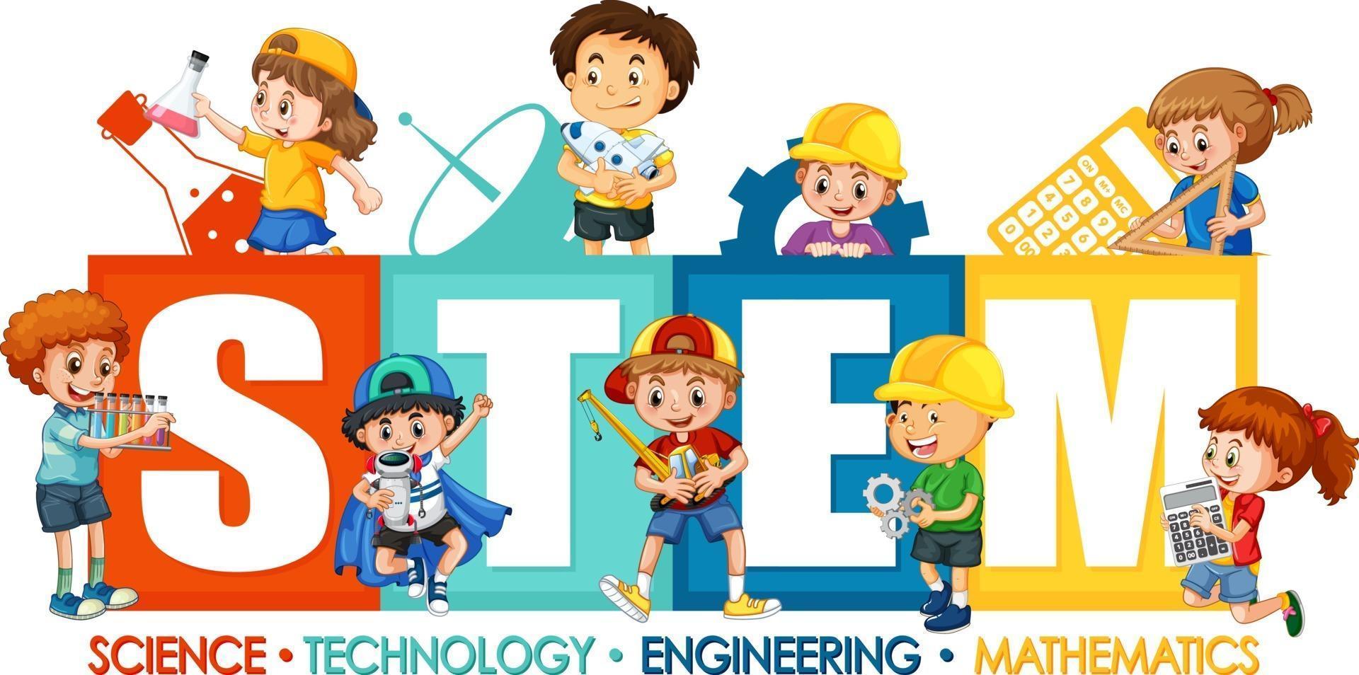 STEM education logo with many children cartoon character vector