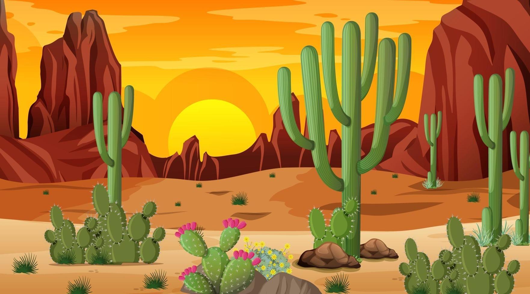 escena del paisaje del bosque del desierto al atardecer vector