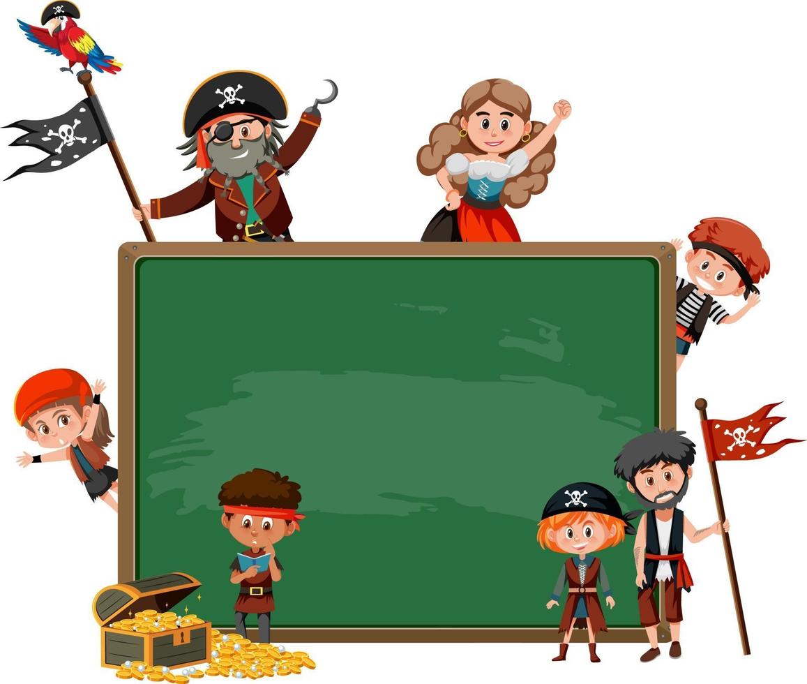 Empty blackboard with many pirate kids cartoon character vector