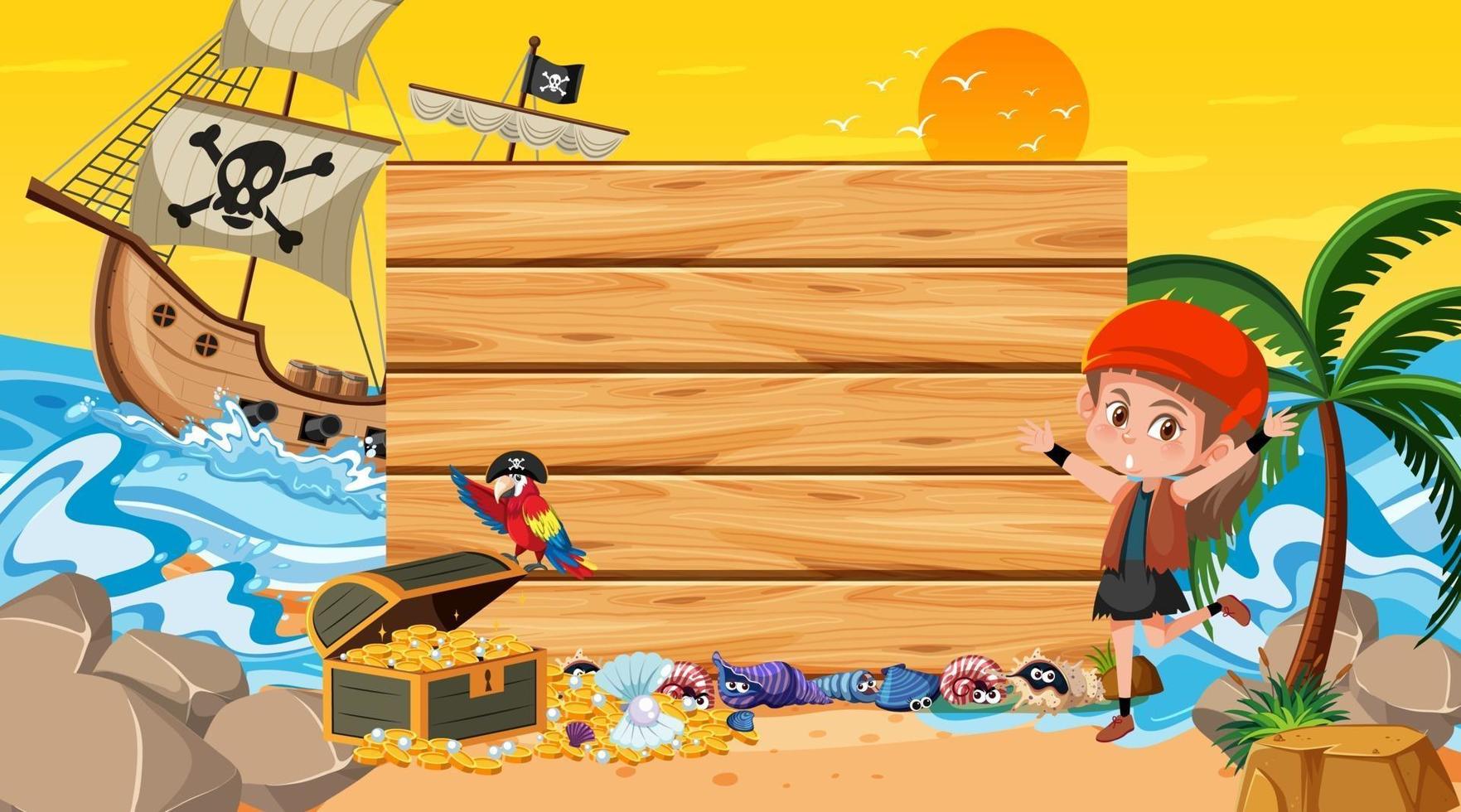 Empty banner template with pirate girl at the beach sunset scene vector