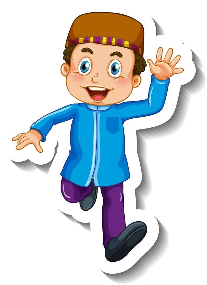Sticker template with a muslim boy cartoon character isolated vector