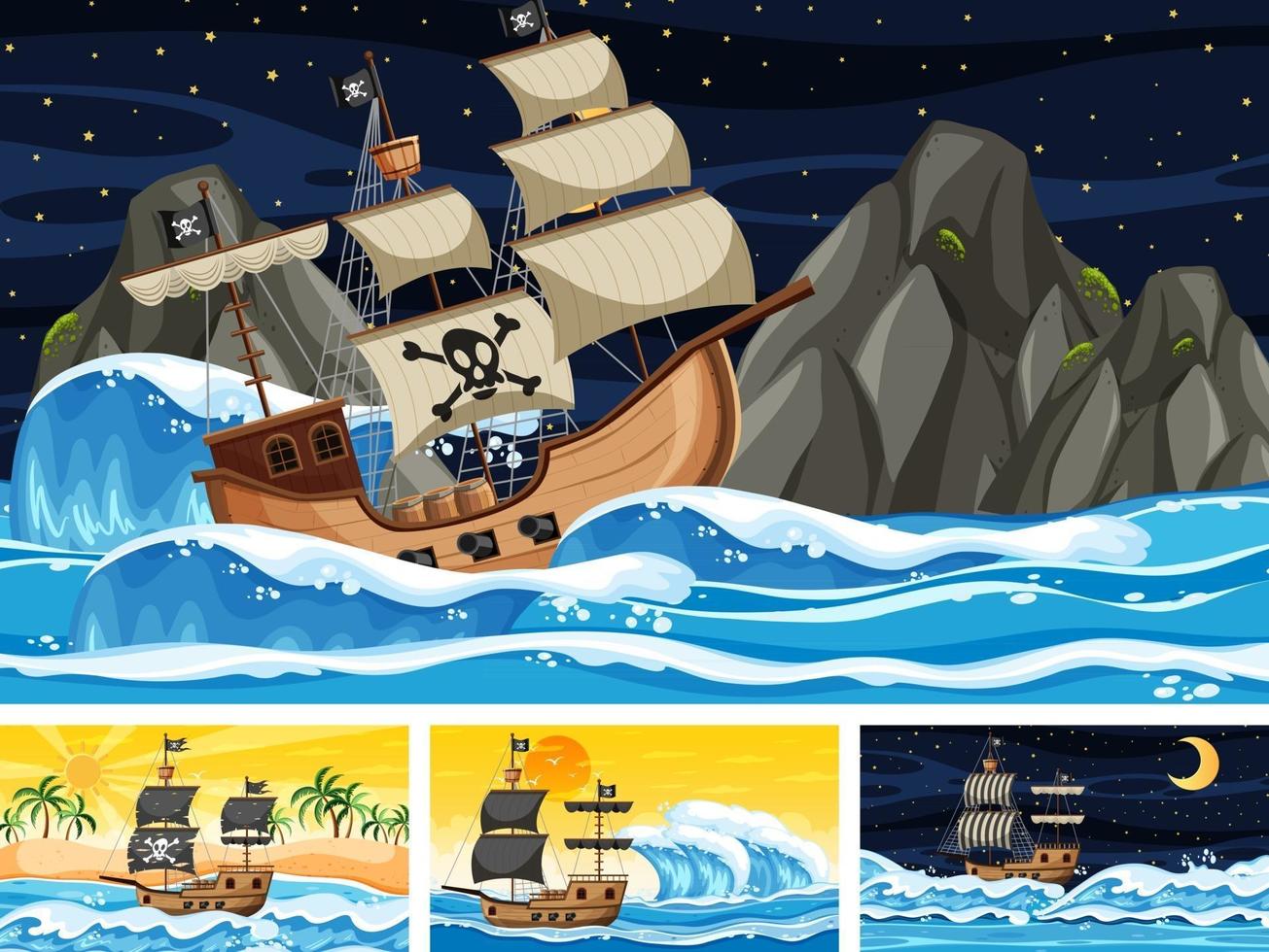 Conjunto de océano con barco pirata en escenas de diferentes momentos. vector