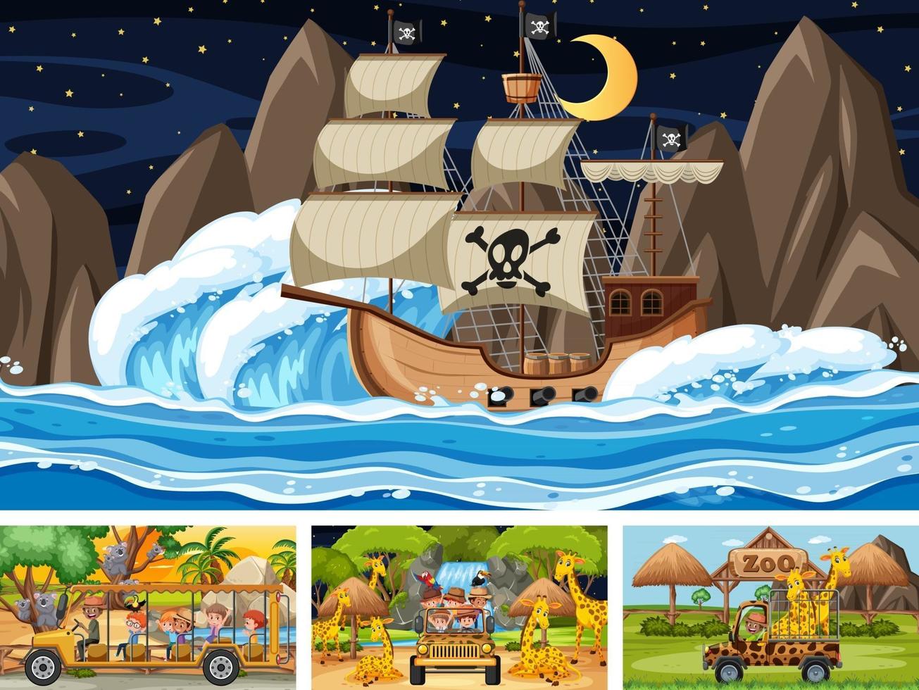 Set of scenes with pirate ship at the sea and animals in the zoo vector