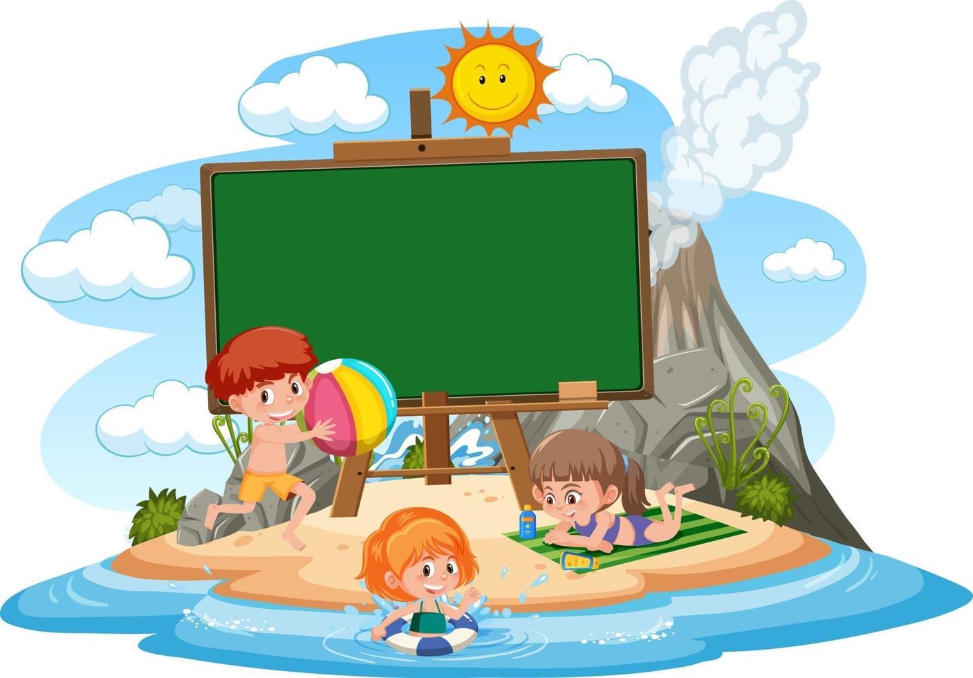 Plantilla de banner vacío con niños de vacaciones en la playa. vector