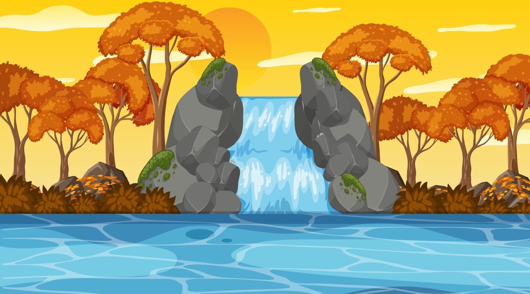 Nuture scene with waterfall in the forest and river at sunset time vector