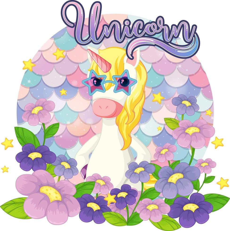 Unicorn cartoon character on pastel scales background isolated vector