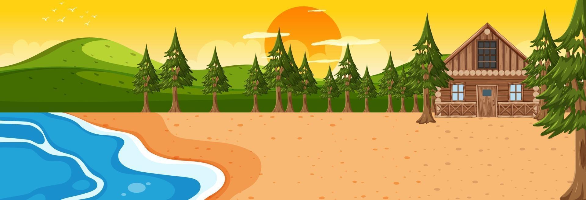 Escena horizontal de playa al atardecer con una casa de madera vector