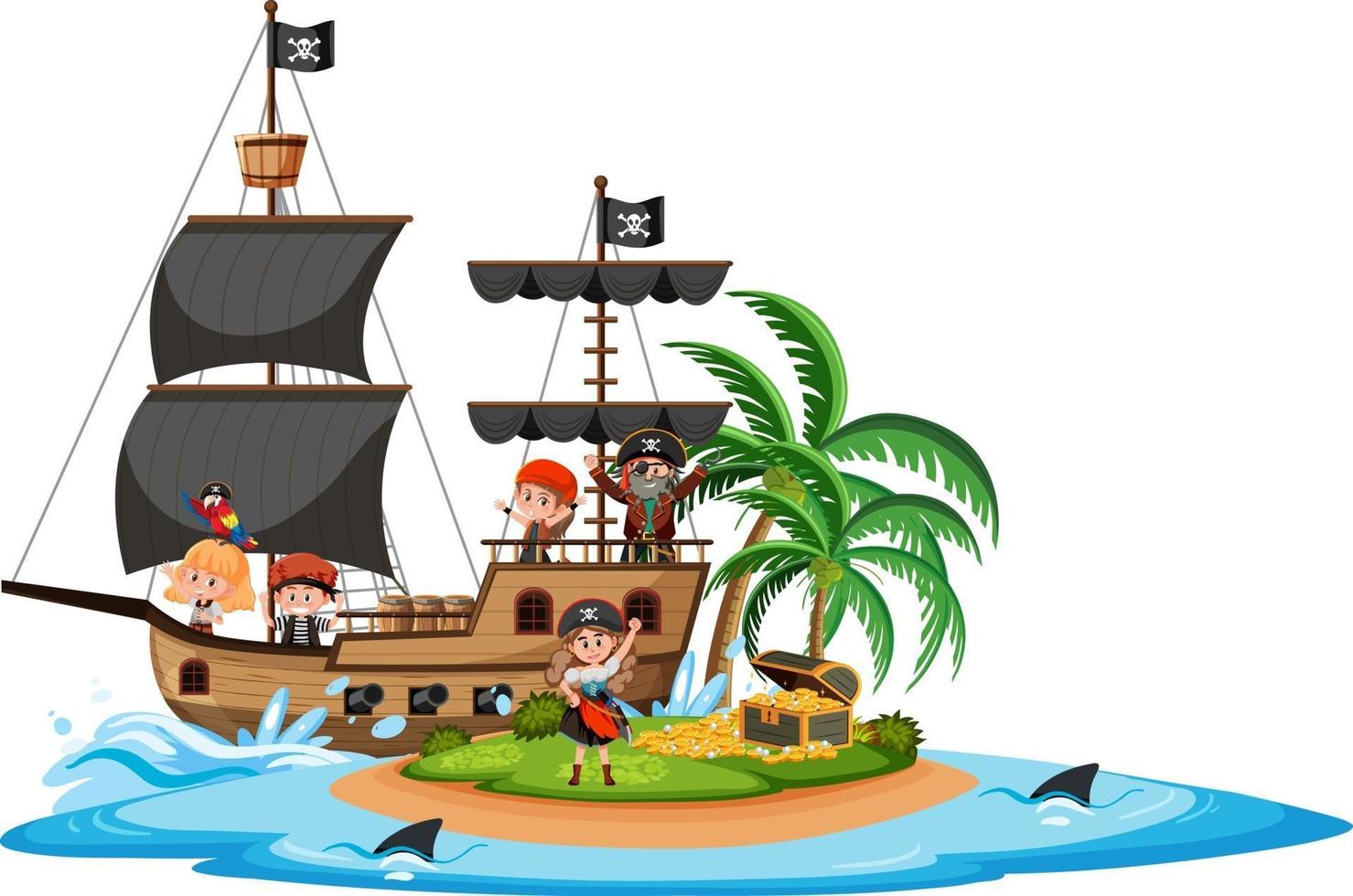 Pirate ship on island with many kids isolated on white background vector