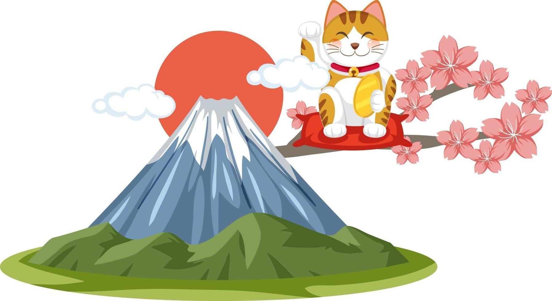 Japanese lucky cat maneki neko with Mount Fuji vector
