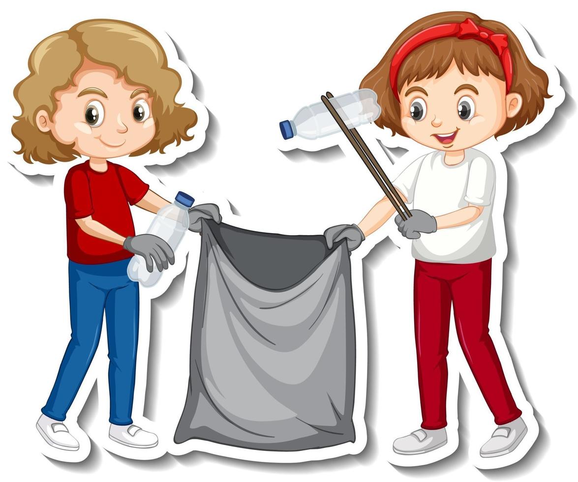 Diseño de pegatinas con niños recogiendo basura. vector