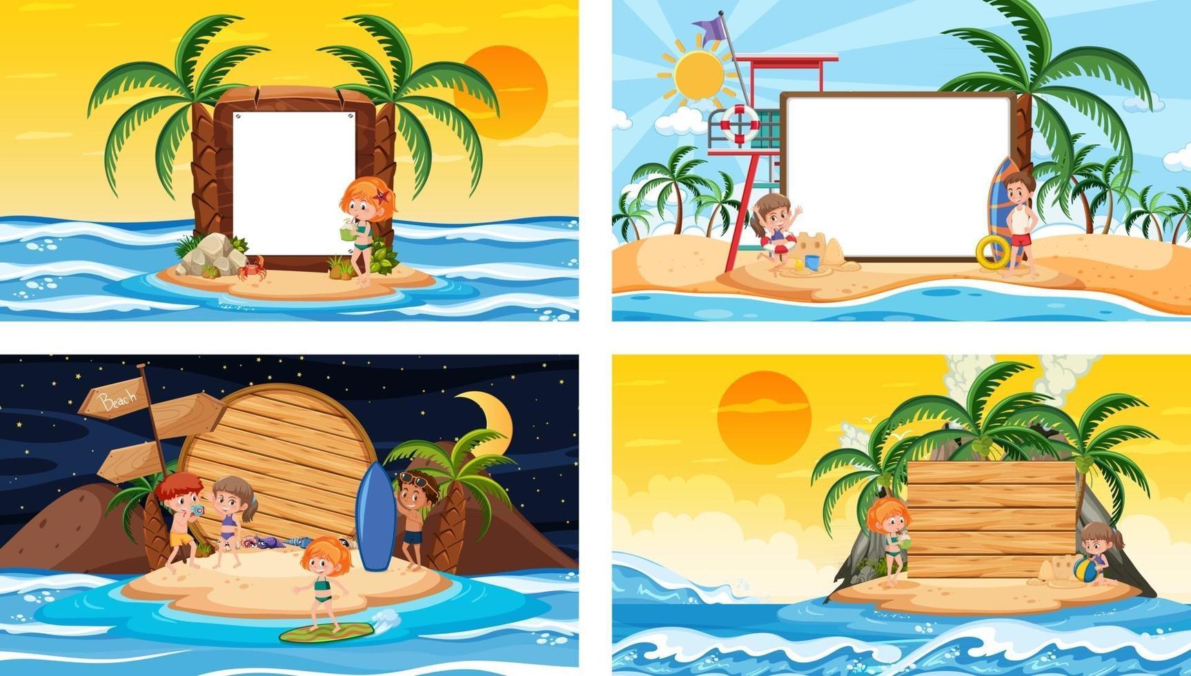 Set of different tropical beach scenes with blank banner vector