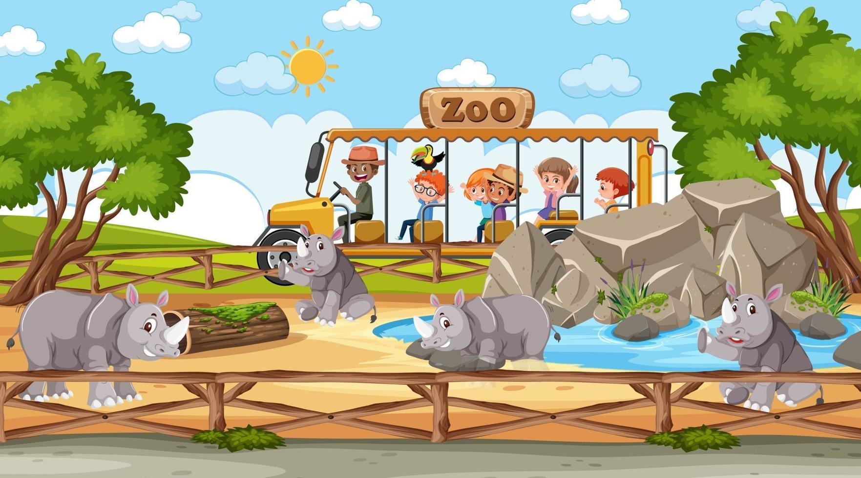 Safari at day time scene with many kids watching rhinoceros group vector