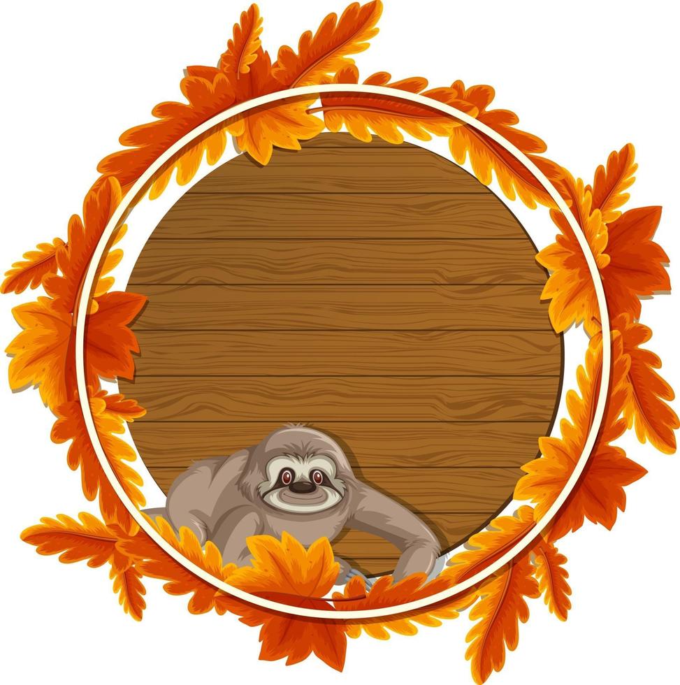 Round autumn leaves banner template with a sloth cartoon character vector