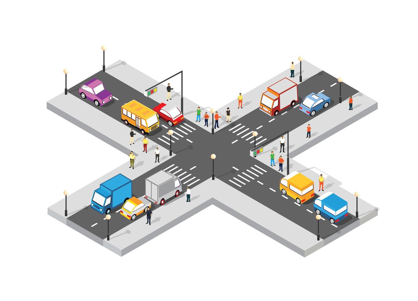 Isometric Crossroads intersection of streets with people vector